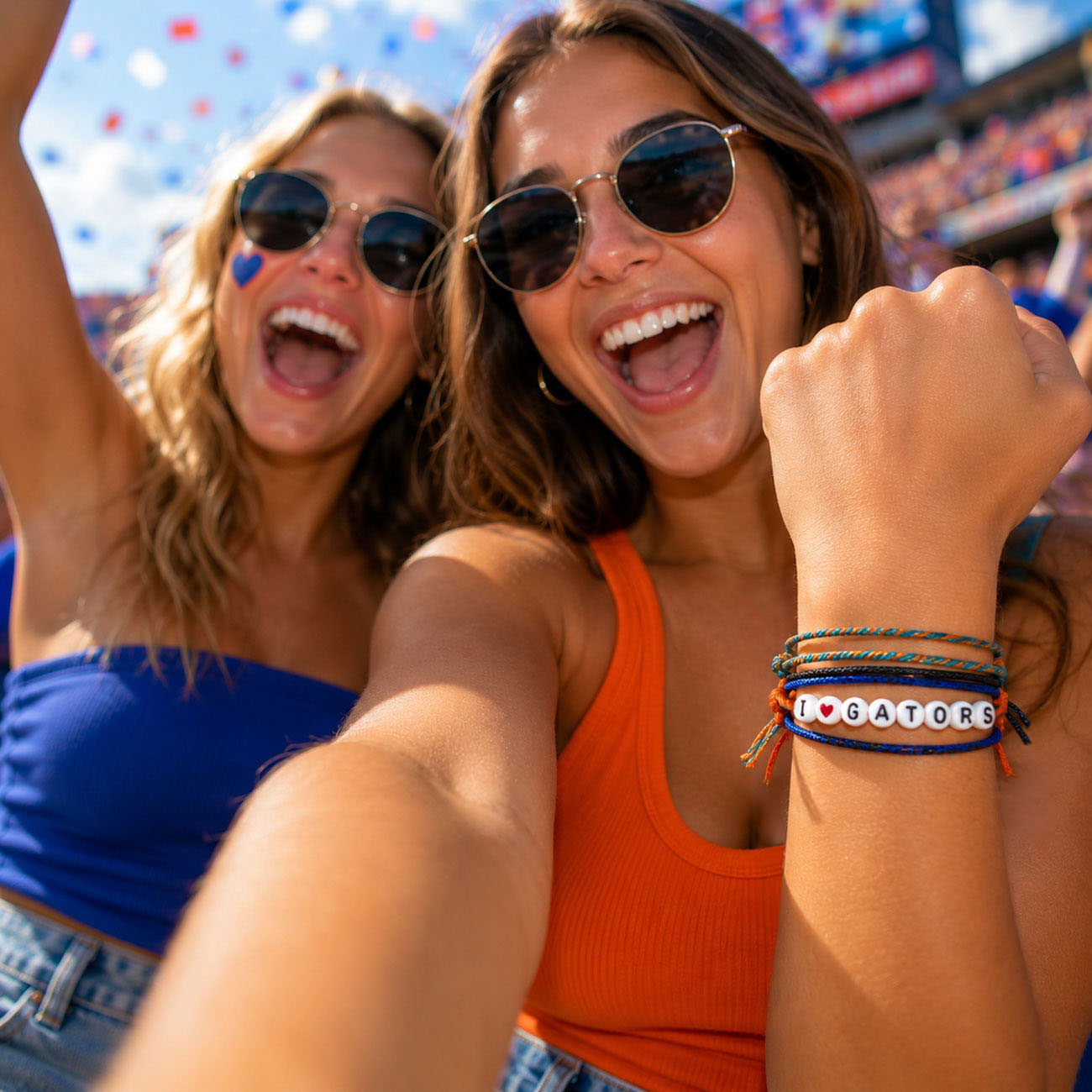 Game-day selfie showing the I Heart Gators bracelet stack