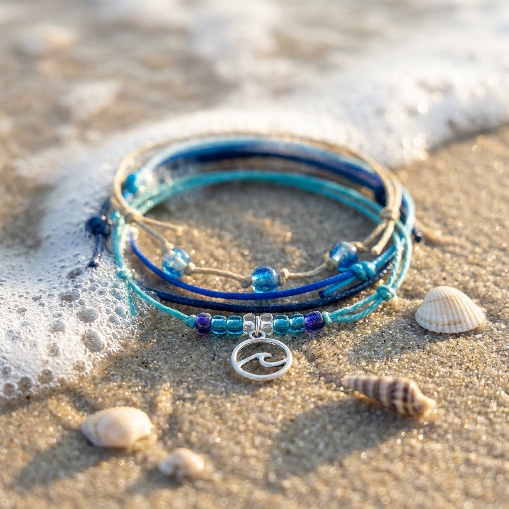 wave bracelet pack on wet sand with blue glass beads, silver-tone wave charm, seashells and foamy ocean surf.