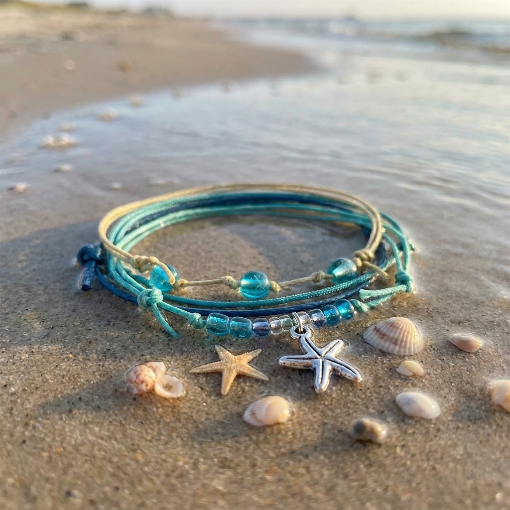 starfish bracelet stack on wet beach sand beside a small starfish and seashells, with shallow water behind it.