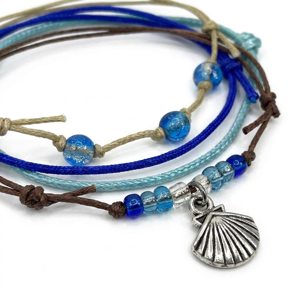 seashell bracelet set close-up with silver-tone shell charm, blue glass beads and blue, aqua, beige and brown cords.