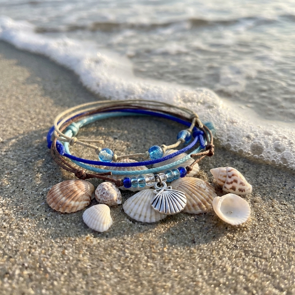 seashell bracelet set in blue, aqua, beige and brown with silver-tone shell charm on wet sand beside shells and ocean foam.