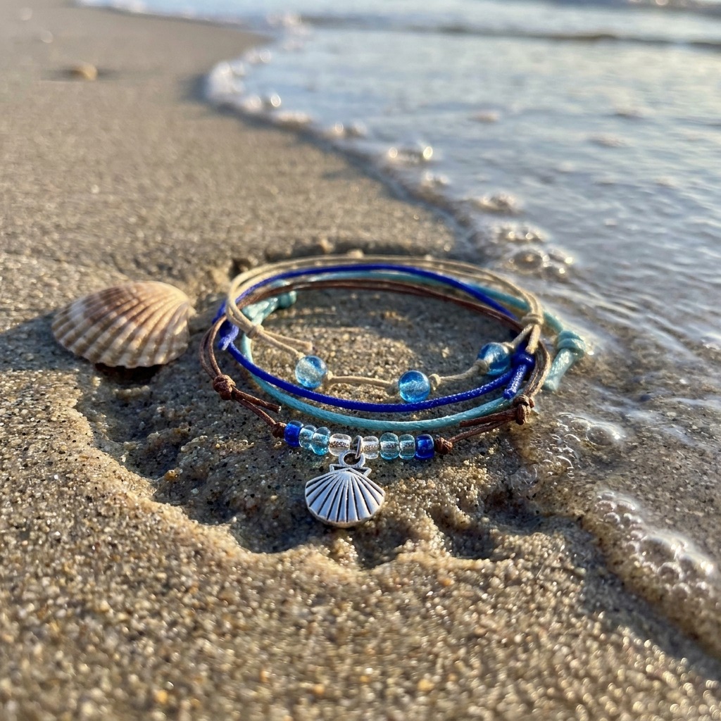 Your next beachcombing adventure deserves a Seashell Bracelet Style Pack with blue beads and a silver-tone seashell charm