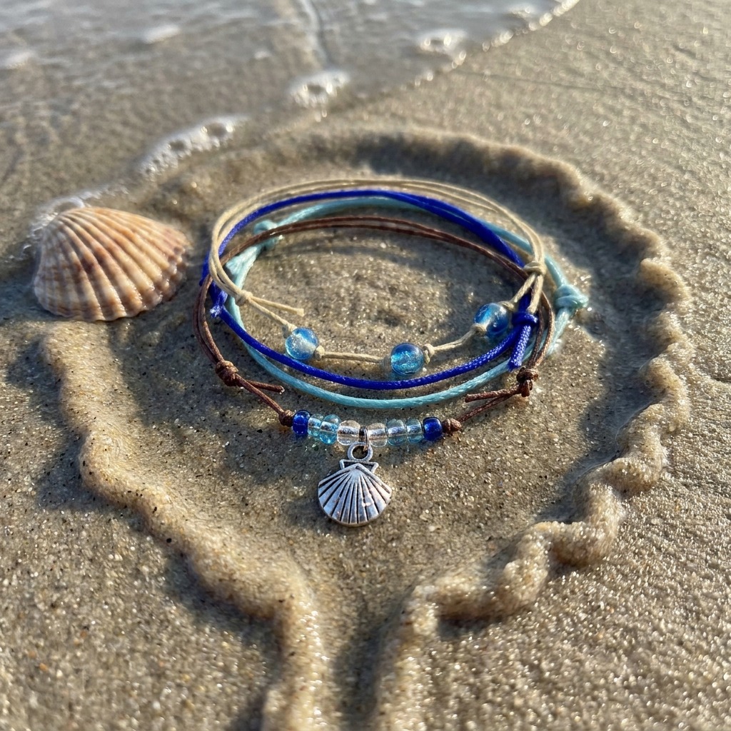 Your next beachcombing adventure deserves a Seashell Bracelet Style Pack with blue beads and a silver-tone seashell charm