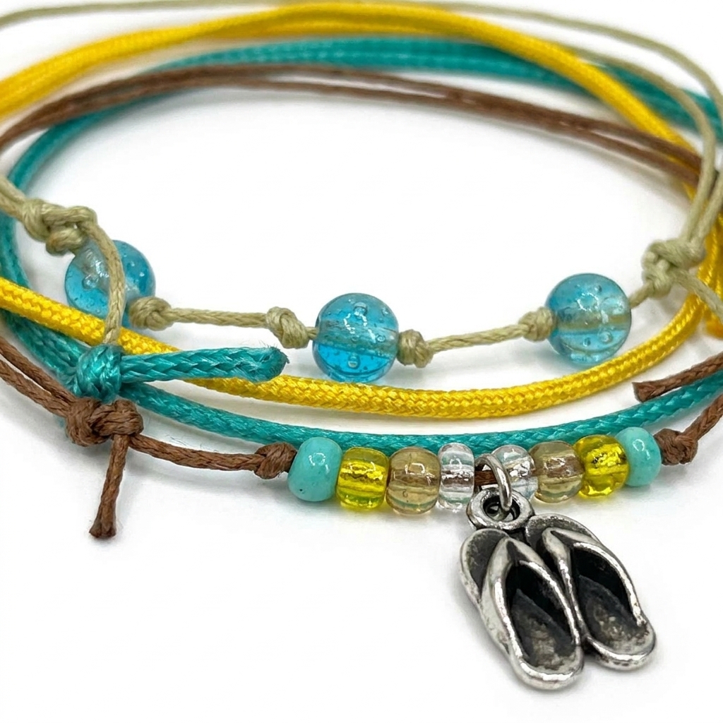 flip flop bracelet pack close-up with turquoise, yellow and beige cords, glass beads and silver-tone flip flop charm.