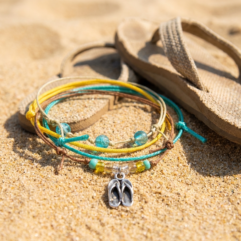 flip flop bracelet pack with turquoise, yellow and beige cords, beads and silver-tone charm on sand beside tan flip flops.
