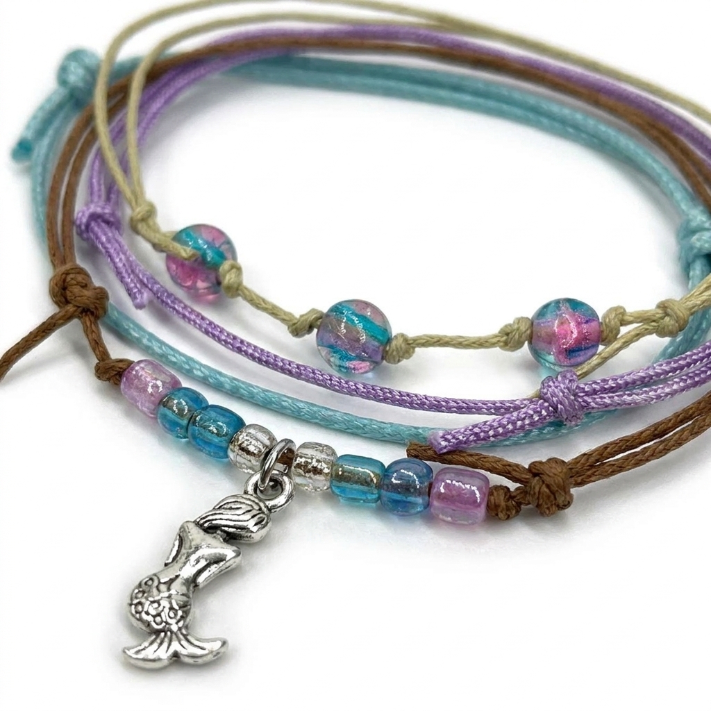mermaid bracelet stack close-up with purple and blue cords, colorful glass beads, slide knots and silver-tone mermaid charm.