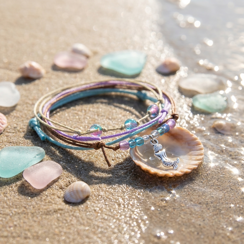 mermaid bracelet stack on wet sand with purple and blue cords, silver mermaid charm, seashell, sea glass and sparkling water.