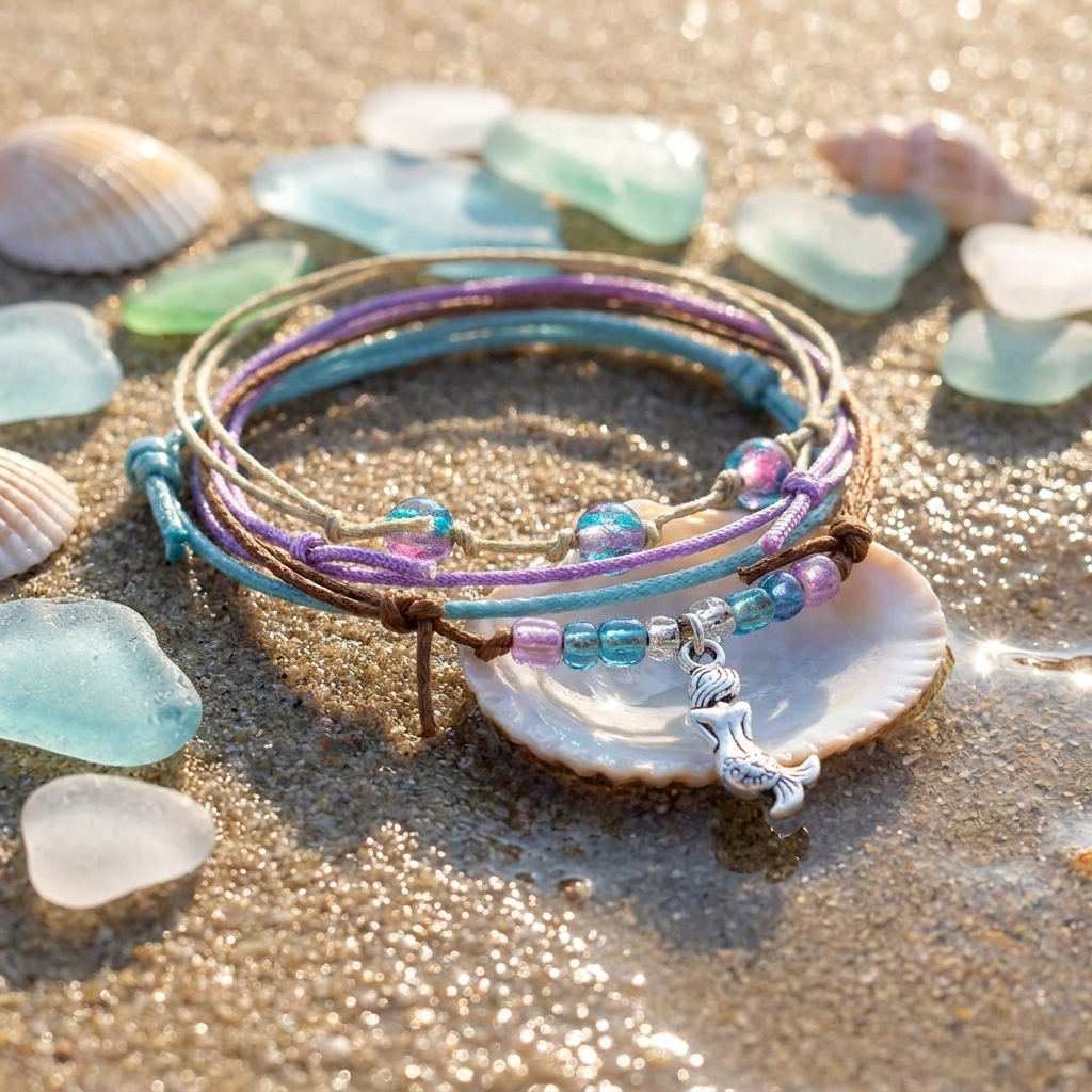 mermaid bracelet stack on wet sand with blue and purple cords, glass beads, silver mermaid charm, seashell and sea glass.