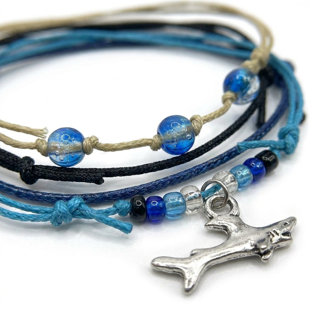 shark bracelet set close-up with silver-tone shark charm, open jaws, blue glass beads and blue, black and beige cords.