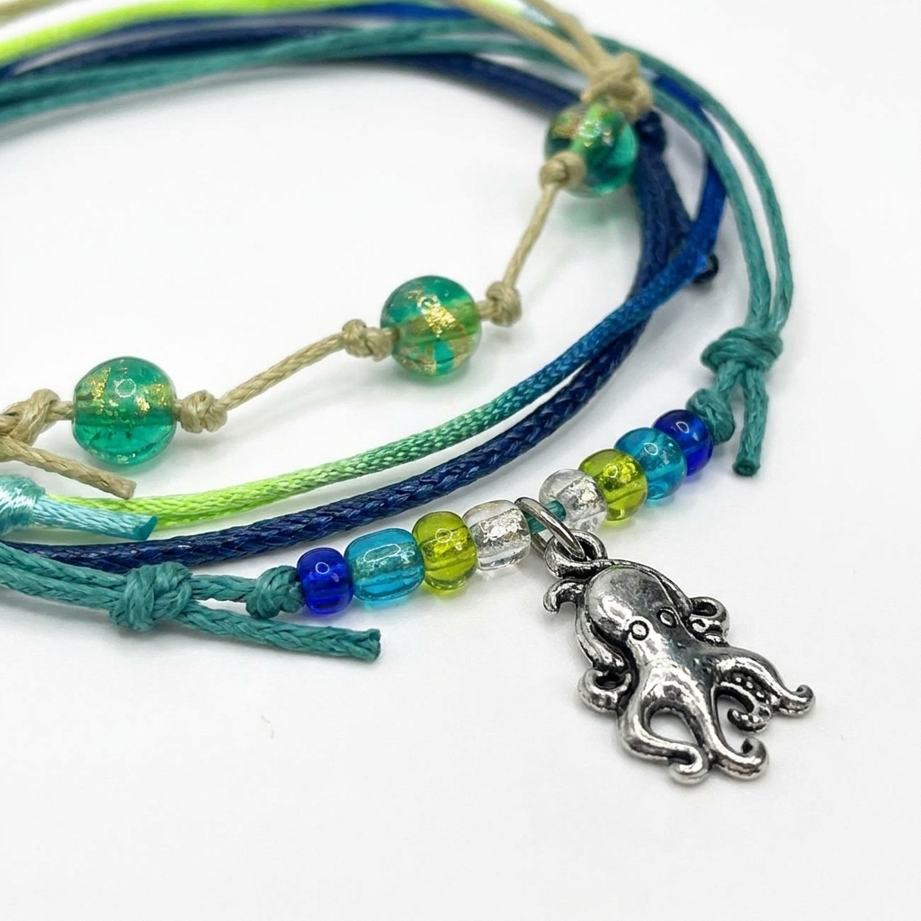Close-up detail of the silver octopus charm and crackle glass beads