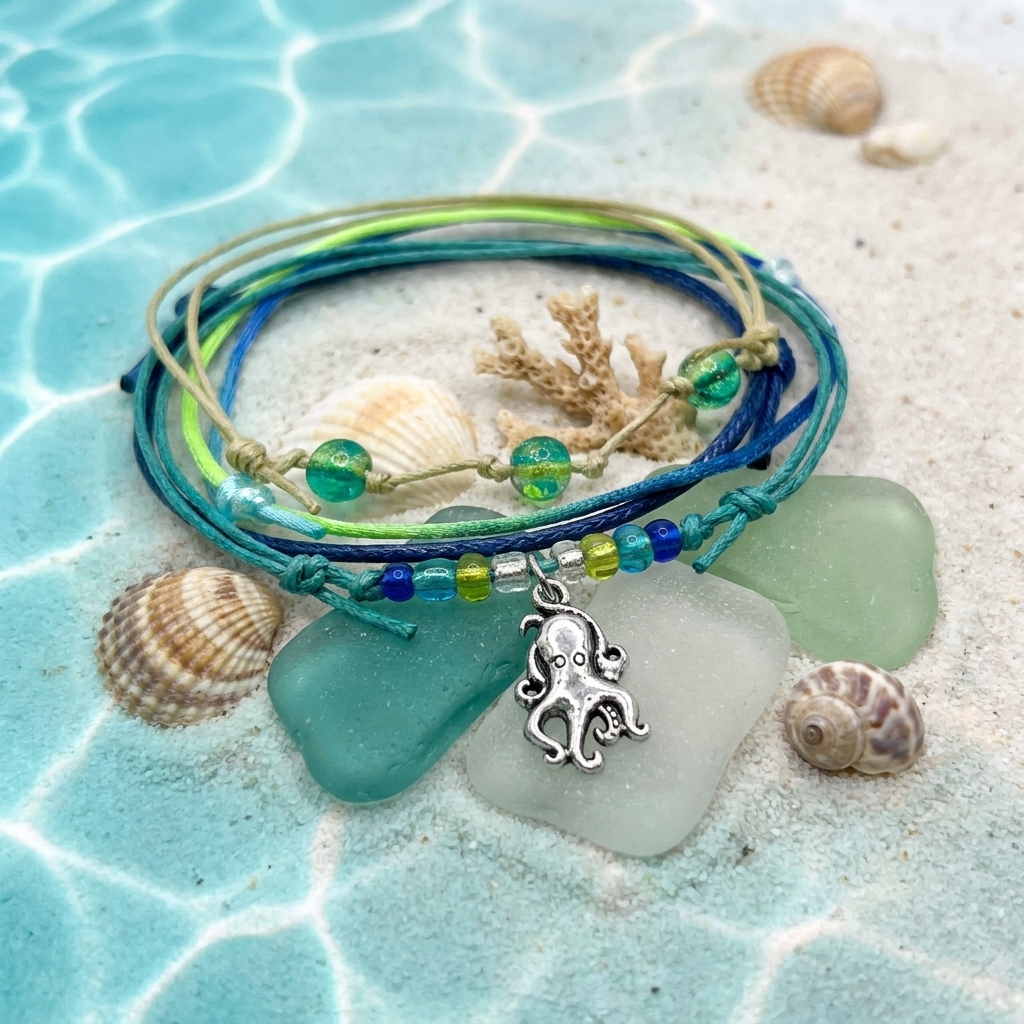 Octopus Bracelet Style Pack styled scene with ocean-hued cords and beads