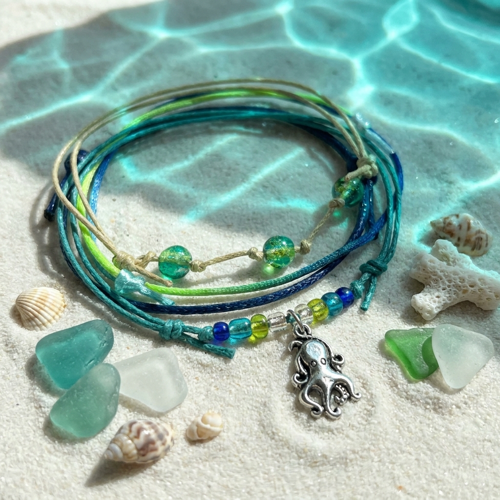 Octopus charm bracelets arranged in a coastal still-life scene