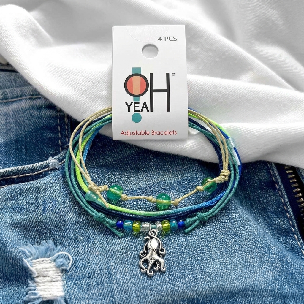 O Yeah! hang tag with the Octopus Bracelet Style Pack folded stack