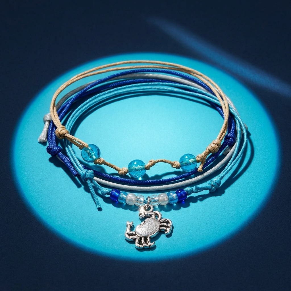 Your coastal style gets a splash of blue with this Crab Bracelet Style Pack featuring four adjustable bracelets and a silver-