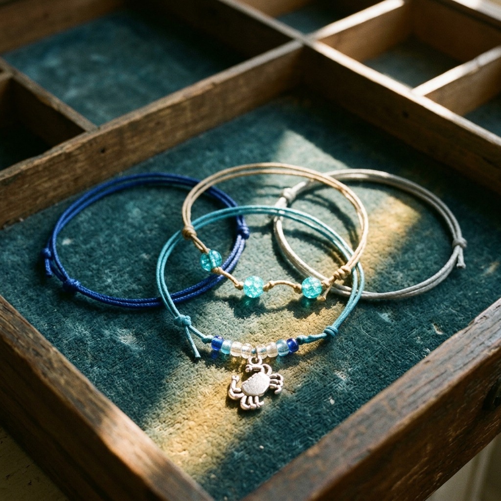 Your next favorite find could be this Crab Bracelet Style Pack with four adjustable bracelets in beachy blue, gray and beige
