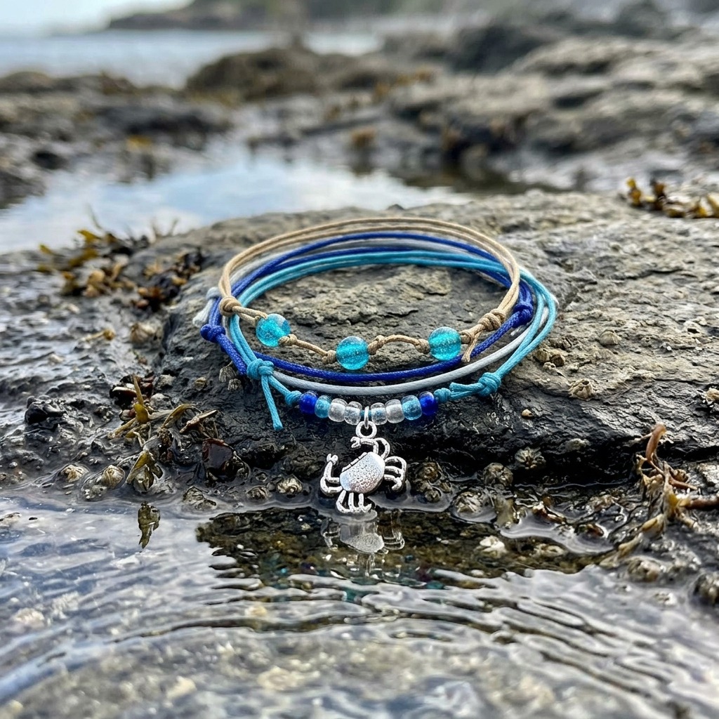 You can bring a favorite shoreline memory along with this four-piece Crab Bracelet Style Pack in beachy blue, gray and beige