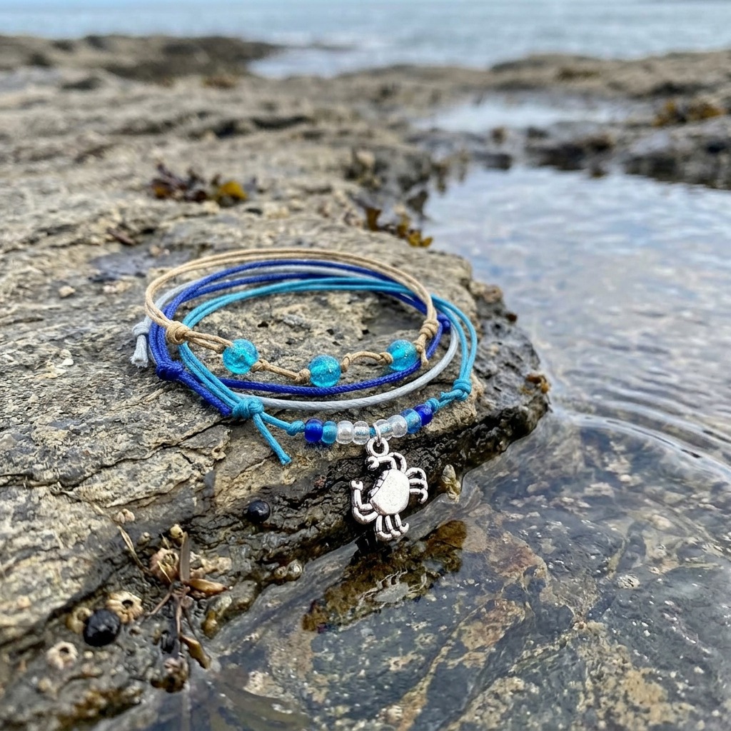 You can bring a favorite shoreline memory along with this four-piece Crab Bracelet Style Pack in beachy blue, gray and beige