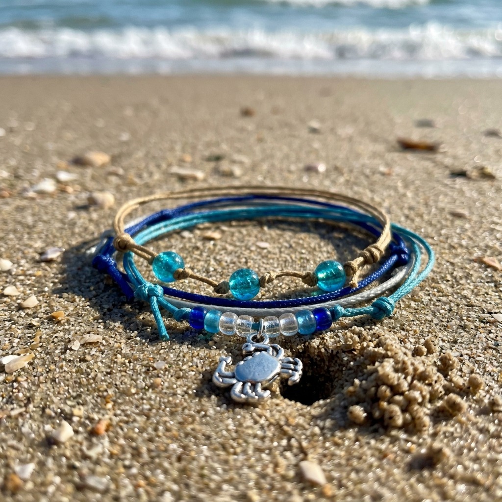 Your beach day gets a playful sidekick with this Crab Bracelet Style Pack featuring four adjustable bracelets in coastal blue
