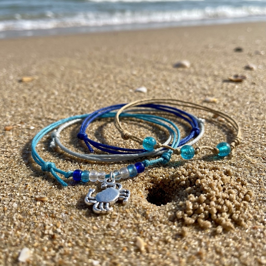 Your beach day gets a playful sidekick with this Crab Bracelet Style Pack featuring four adjustable bracelets in coastal blue