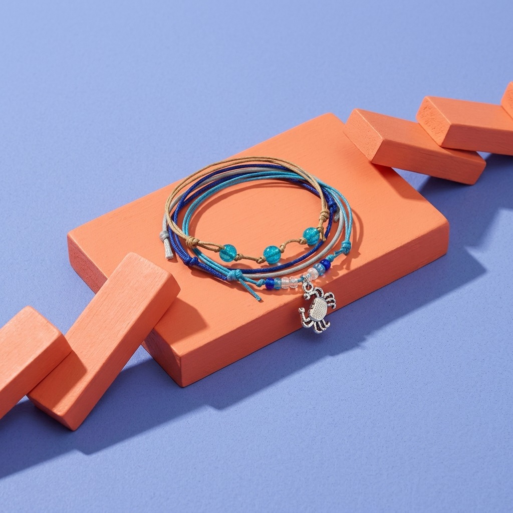 Your bracelet stack takes a fun turn with four adjustable bracelets in coastal blue, gray and beige