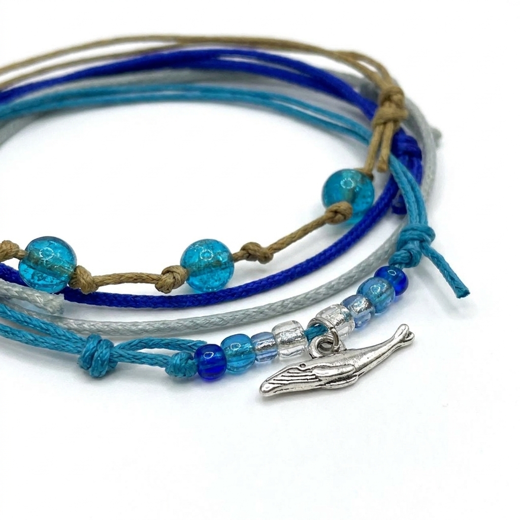 whale bracelet set close-up with blue and silver glass beads, beige and blue cords and a silver-tone humpback whale charm.