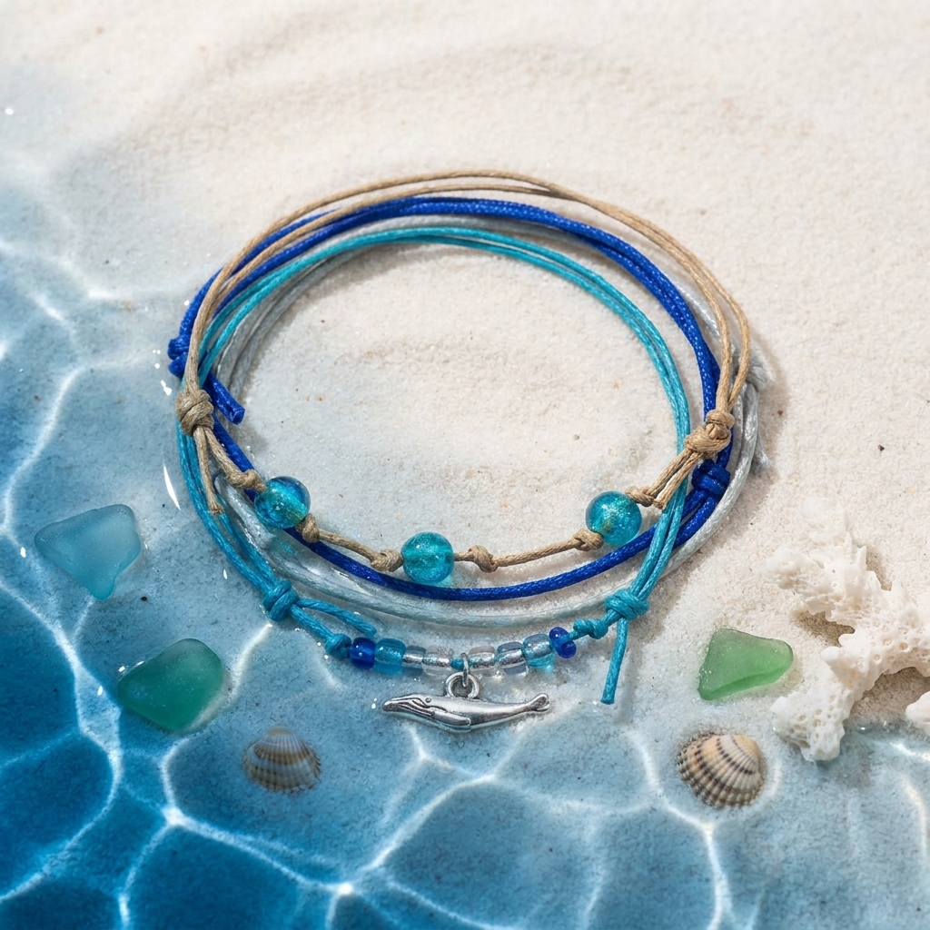 whale bracelet set with blue beads and silver whale charm on sand beside shallow water, seashells, sea glass and coral.