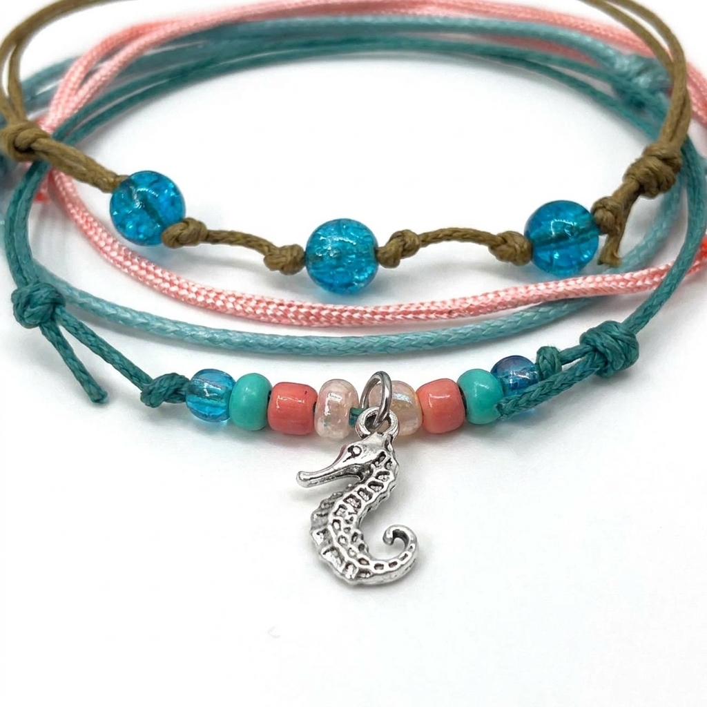 seahorse bracelet pack close-up with blue glass beads, turquoise and pink cords and a silver-tone seahorse charm on white.