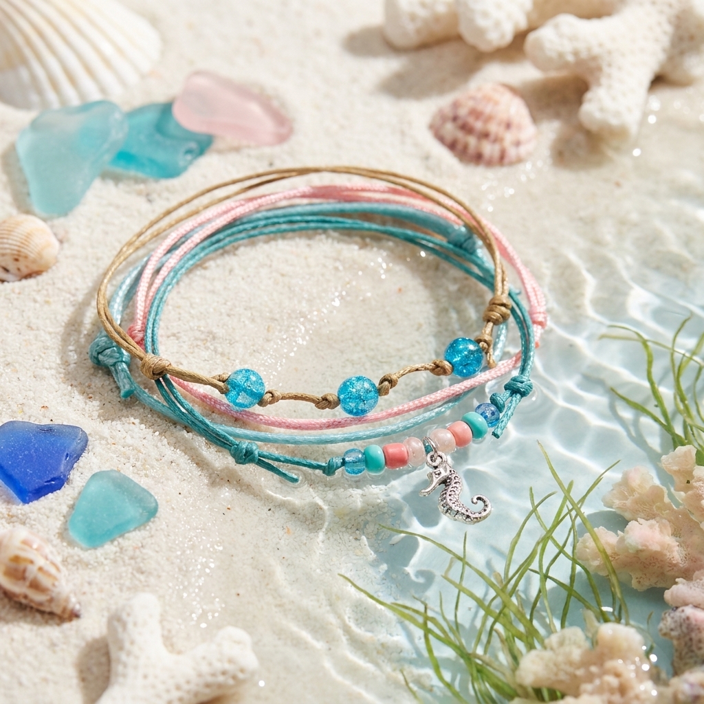 seahorse bracelet pack with turquoise and pink cords, blue beads and silver seahorse charm on sand beside water and shells.