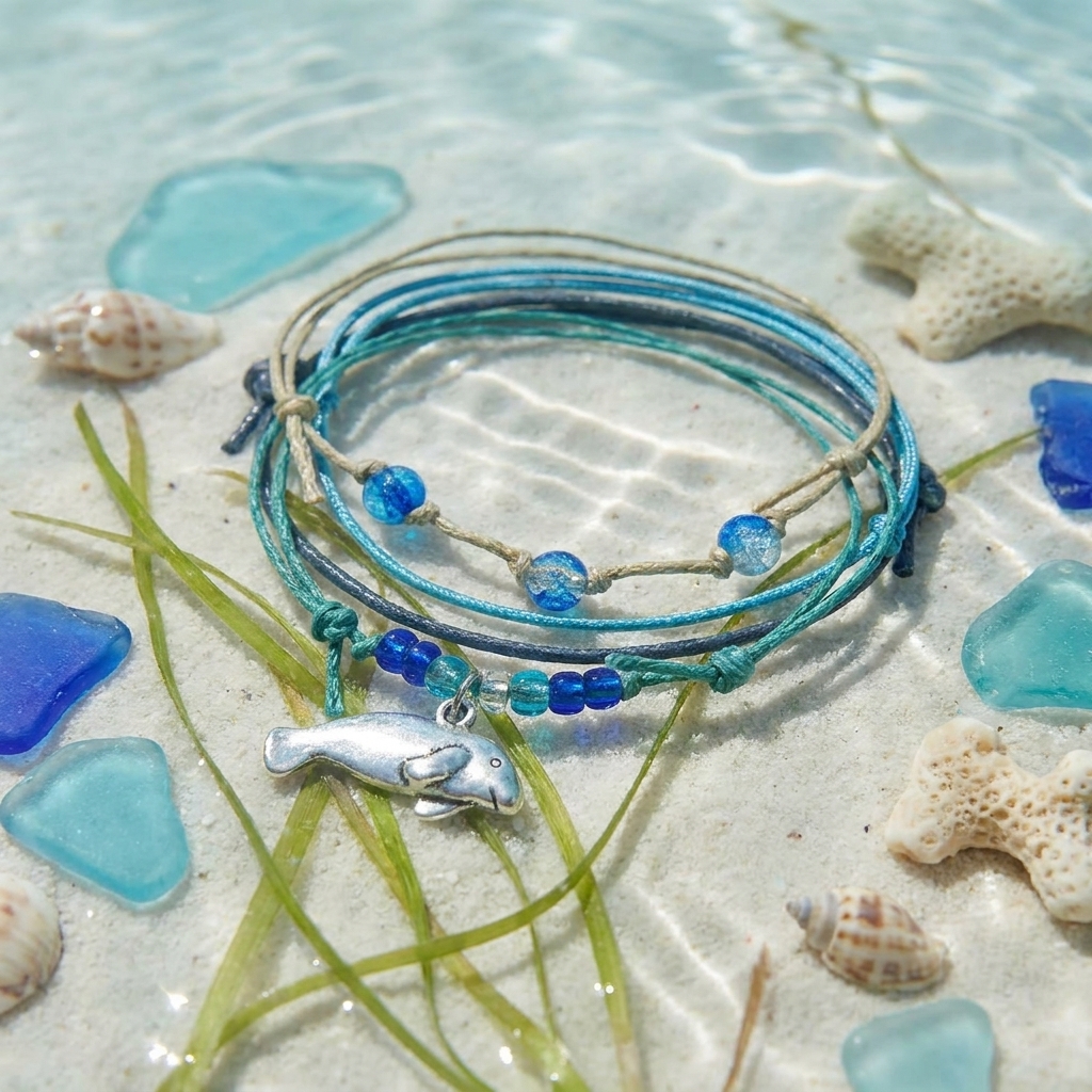 manatee bracelet stack in sunlit shallow water with blue beads, silver-tone manatee charm, seagrass, shells and sea glass.