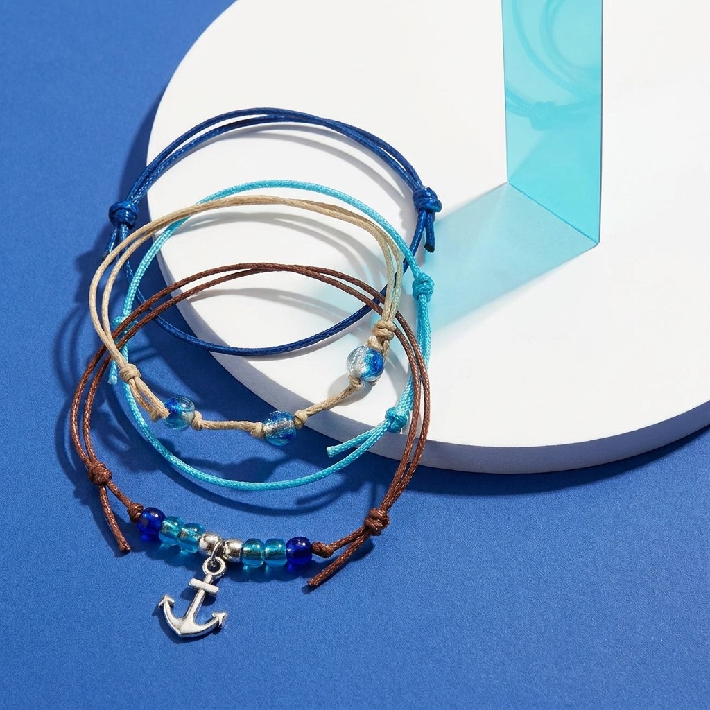 Your Anchor Bracelet Style Pack celebrates your love of open water with four adjustable bracelets in blue, beige and brown