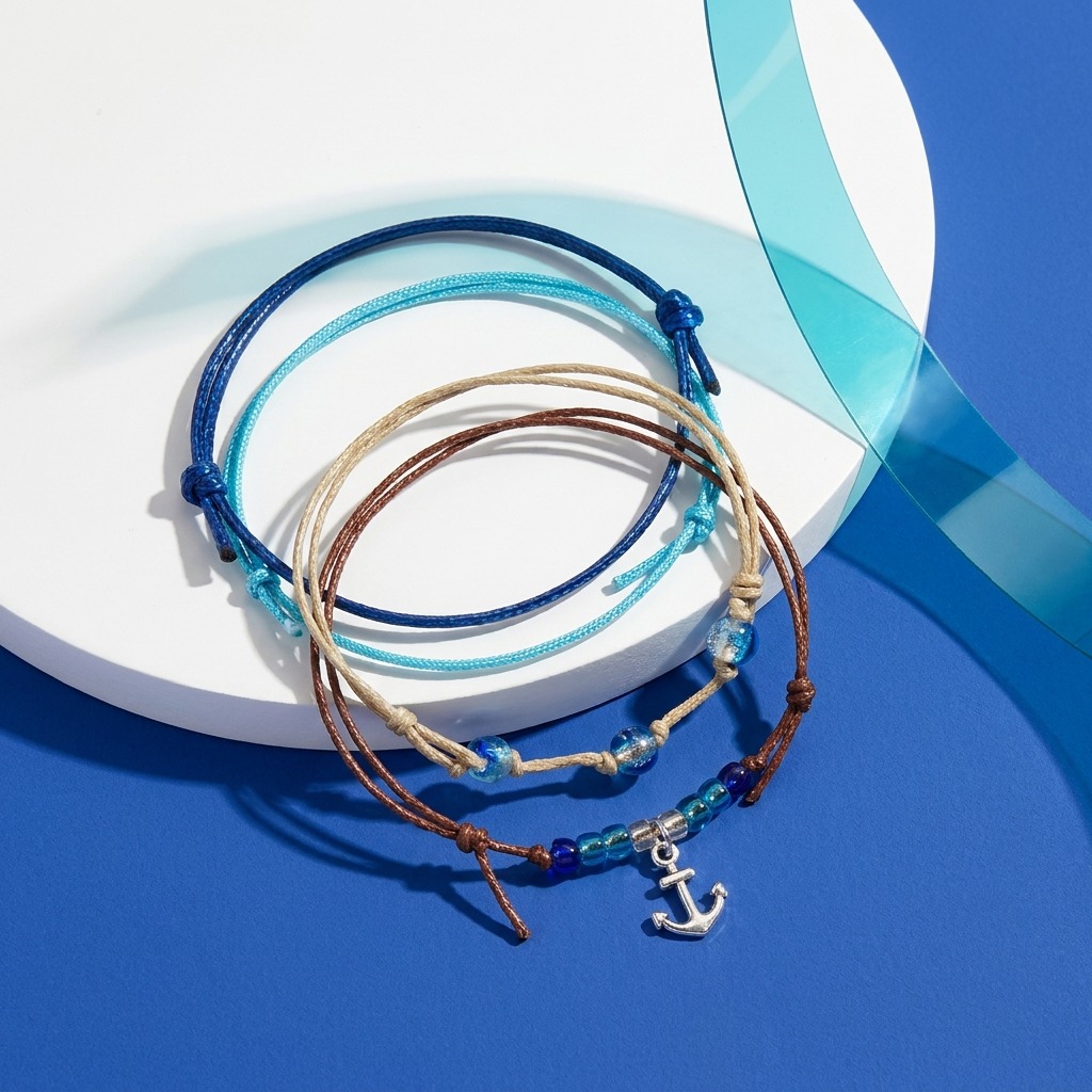 Your Anchor Bracelet Style Pack celebrates your love of open water with four adjustable bracelets in blue, beige and brown