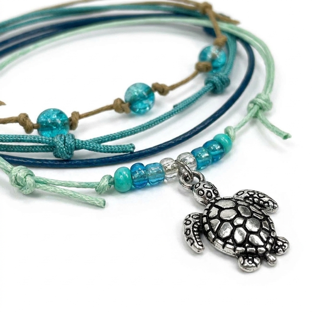 sea turtle bracelet stack close-up with silver-tone turtle charm, turquoise glass beads and green and blue adjustable cords