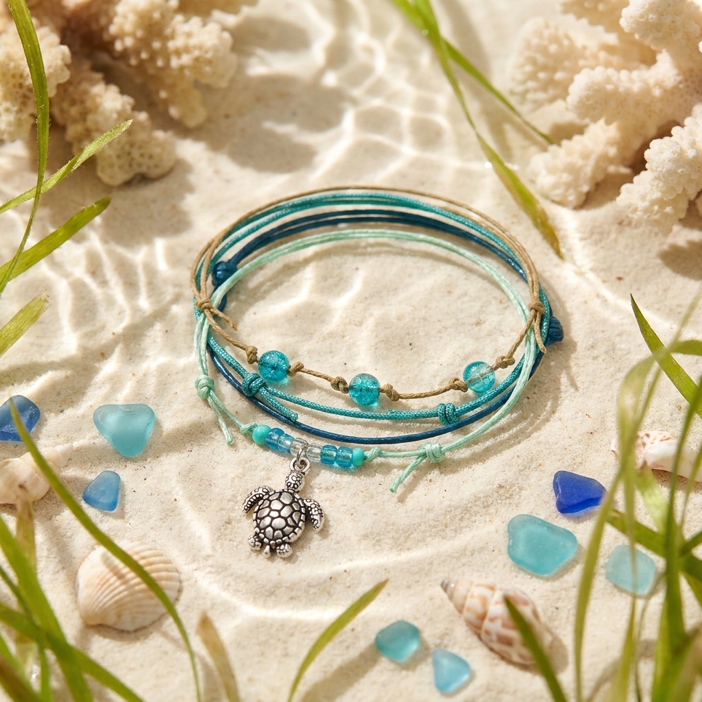 sea turtle bracelet stack on sunlit sand with turquoise beads, silver turtle charm, seashells, blue sea glass and seagrass