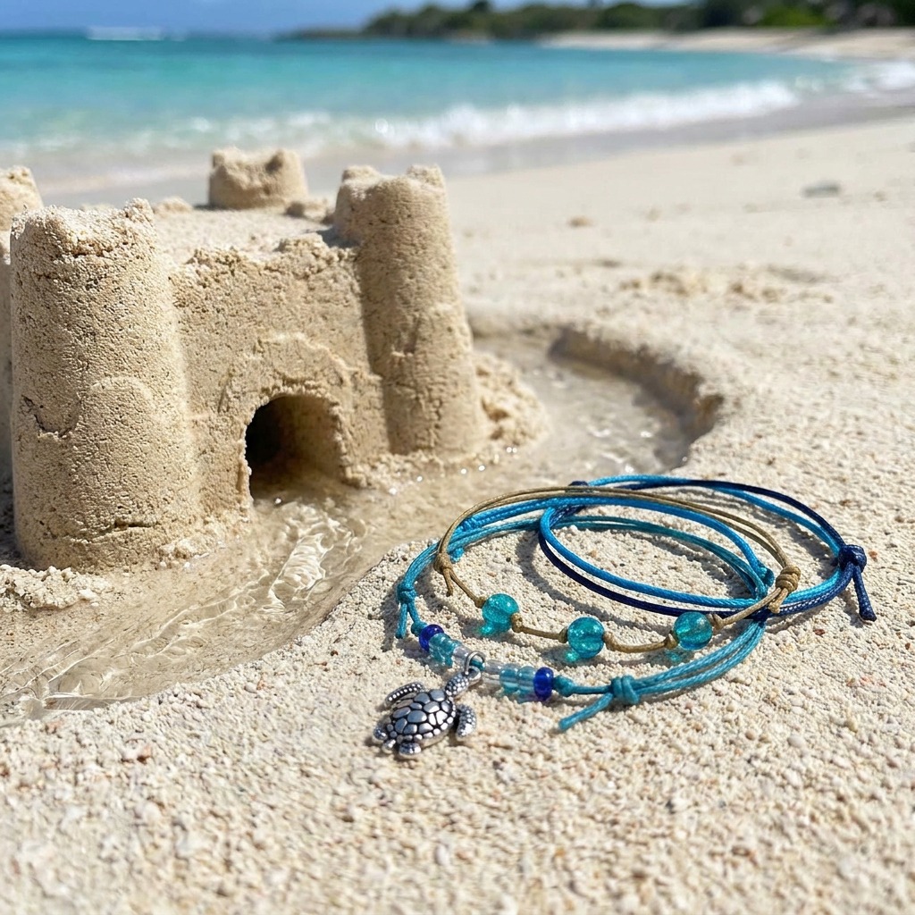 Your love for sea turtles meets island-blue style in this four-piece adjustable bracelet stack