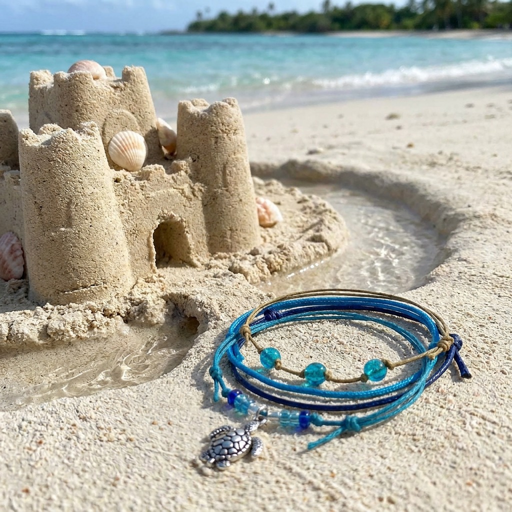 Your love for sea turtles meets island-blue style in this four-piece adjustable bracelet stack