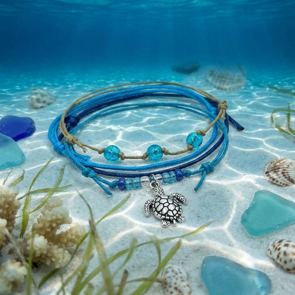 sea turtle bracelet set with blue cords and silver turtle charm on a sandy seabed with shells, sea glass and seagrass.