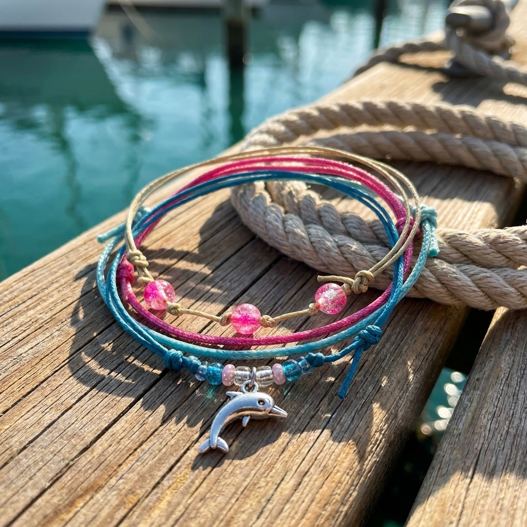 Take your coastal style along for the ride with the Dolphin Bracelet Style Pack Pink, featuring four adjustable bracelets and