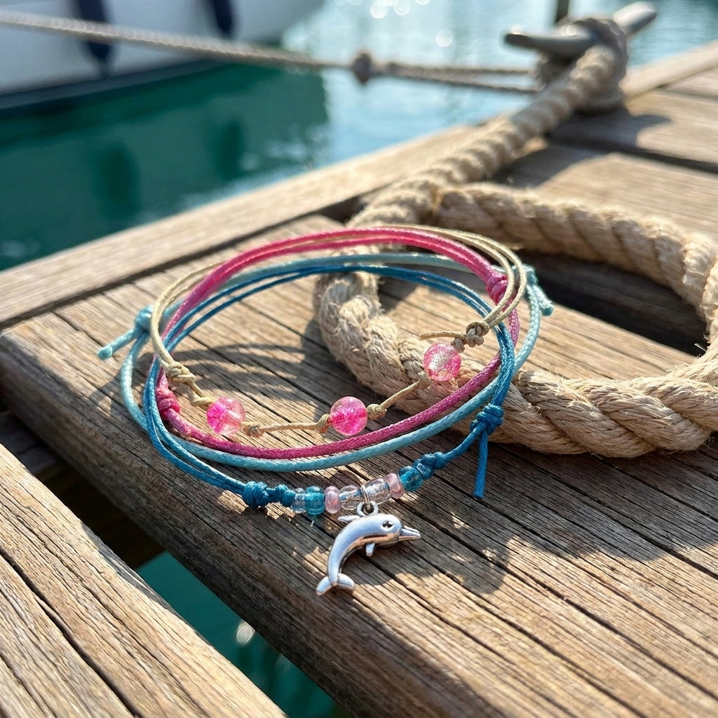 Take your coastal style along for the ride with the Dolphin Bracelet Style Pack Pink, featuring four adjustable bracelets and