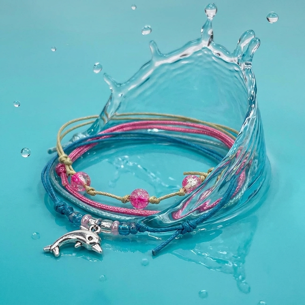 Make your jewelry stack pop with the Dolphin Bracelet Style Pack Pink, featuring a silver-tone dolphin charm and four colorfu