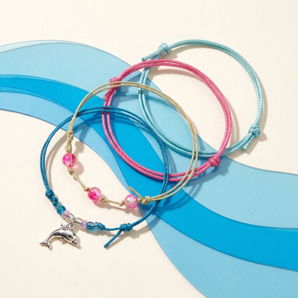 Celebrate your love of dolphins with the Dolphin Bracelet Style Pack Pink, a 4-piece bracelet set with colorful cords, beads
