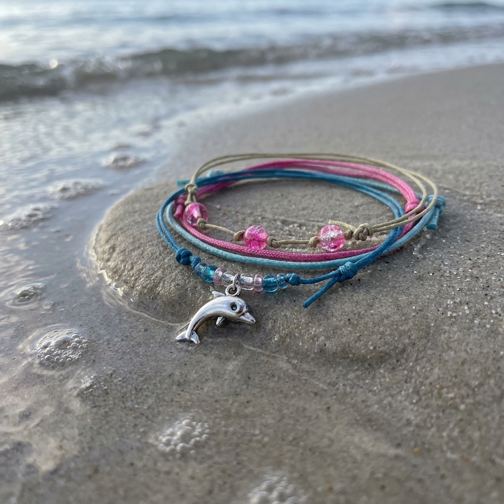 Bring your beach vacation home with the Dolphin Bracelet Style Pack Pink, a colorful 4-piece bracelet stack with a playful si