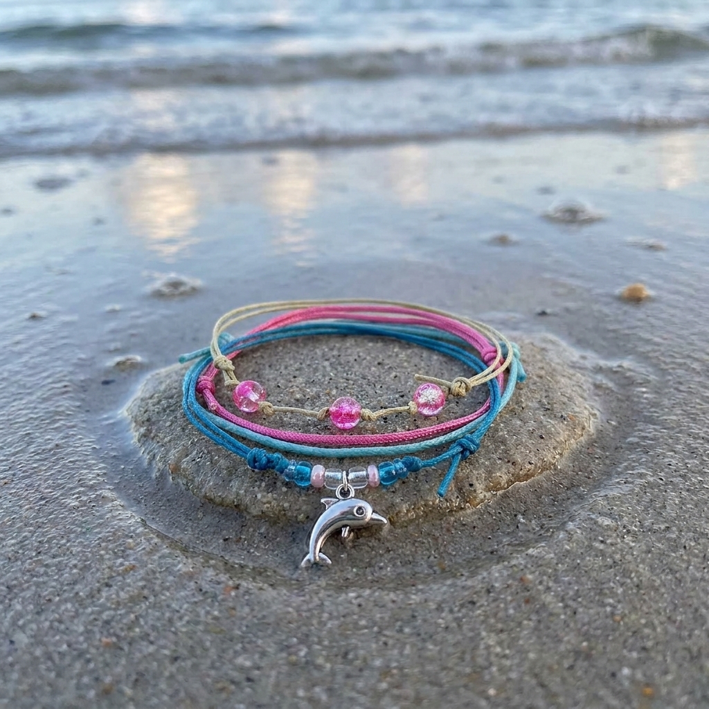 Bring your beach vacation home with the Dolphin Bracelet Style Pack Pink, a colorful 4-piece bracelet stack with a playful si