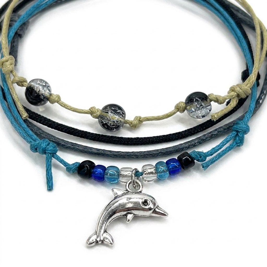 dolphin bracelet charm close-up with silver-tone jumping dolphin, blue and black glass beads and four cord bracelets.