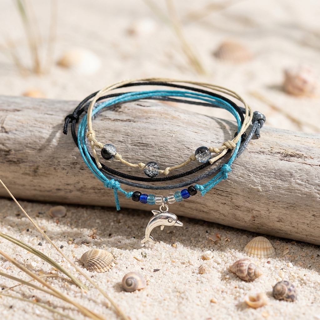 dolphin bracelet charm on a blue, black and beige bracelet stack resting on driftwood above sand and seashells.