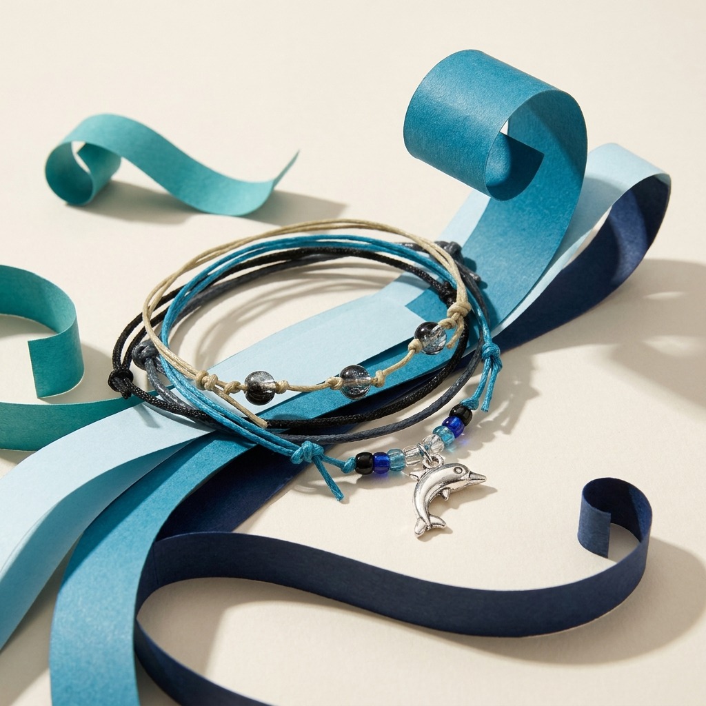 You can keep your Florida beach memories close with this four-piece Dolphin Bracelet Style Pack in black, blue and beige