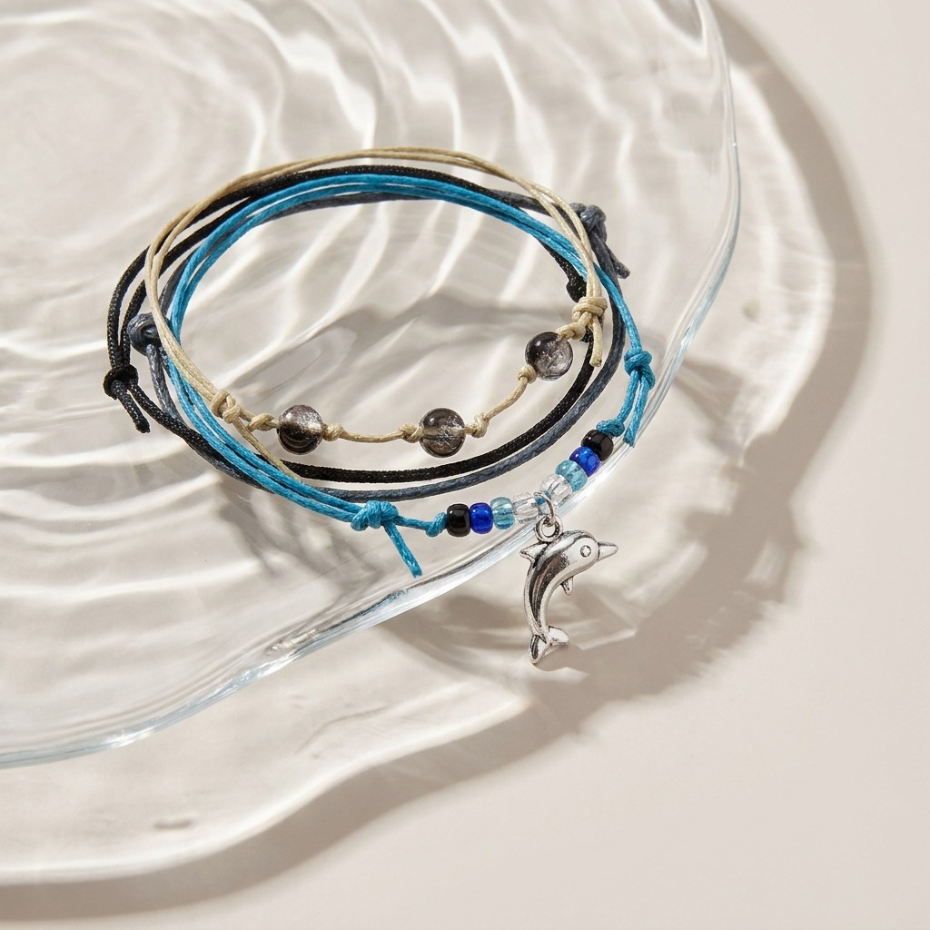 You can keep your ocean-loving side close with four adjustable dolphin bracelets in black, blue and beige