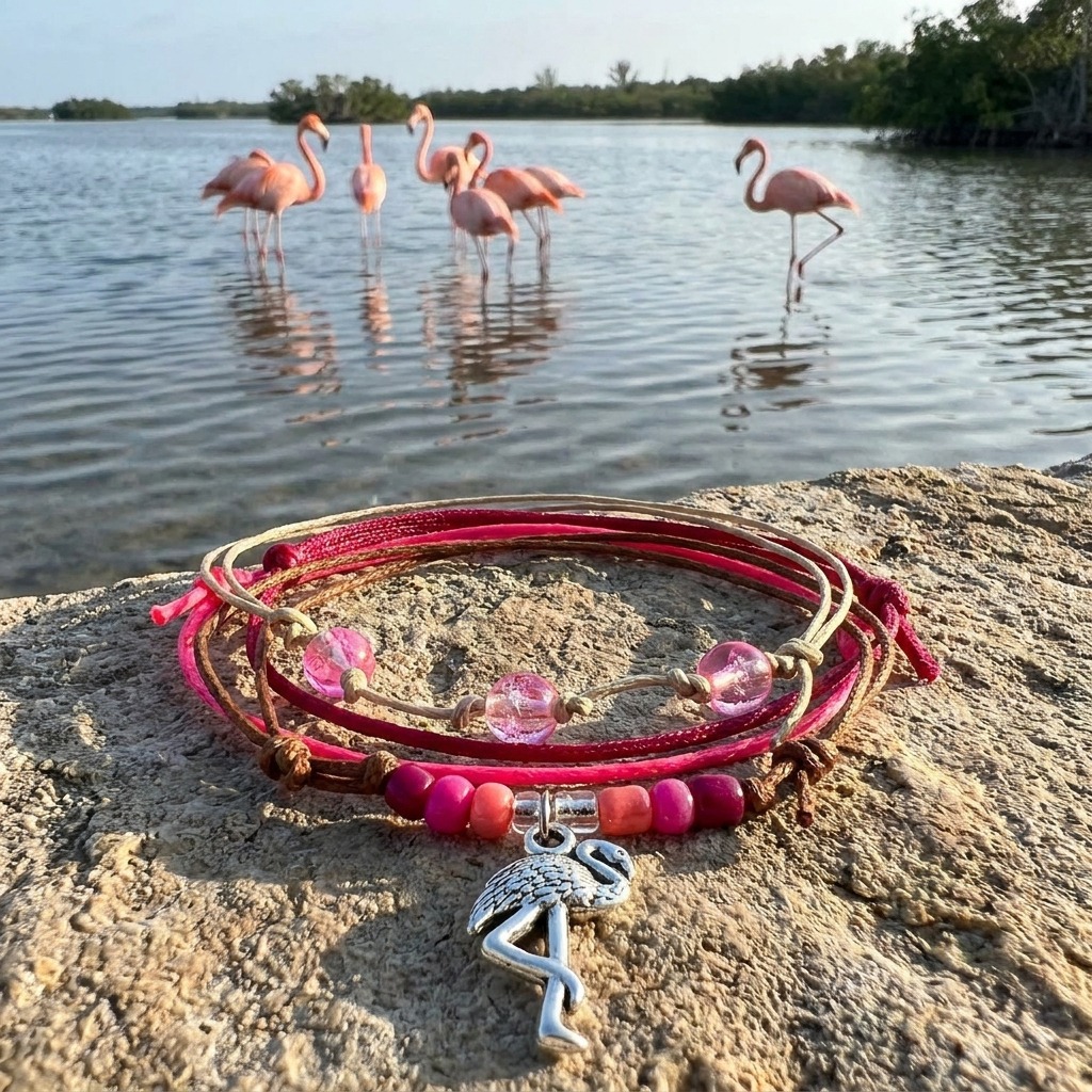 Your Flamingo Bracelet Style Pack brings a little Florida flamingo fun to your everyday look with four adjustable bracelets i