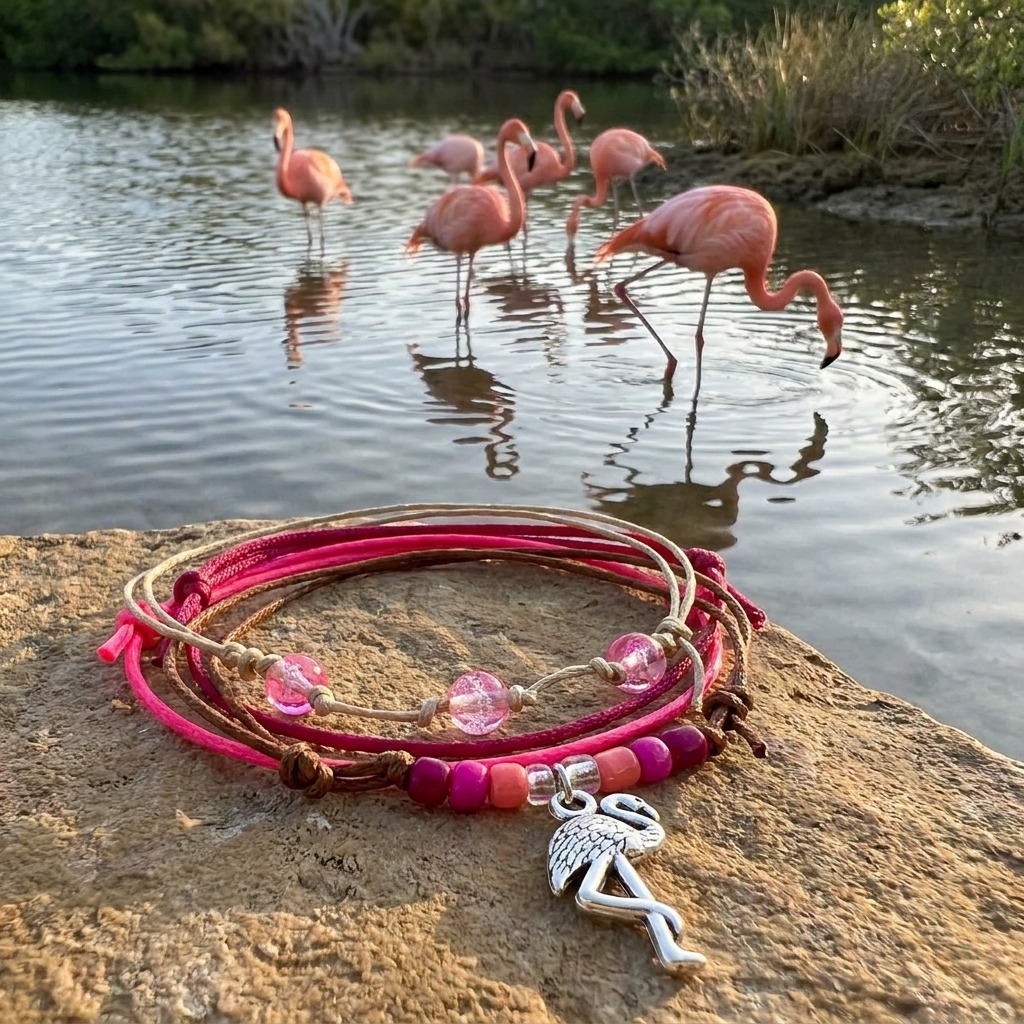 Your Flamingo Bracelet Style Pack brings a little Florida flamingo fun to your everyday look with four adjustable bracelets i