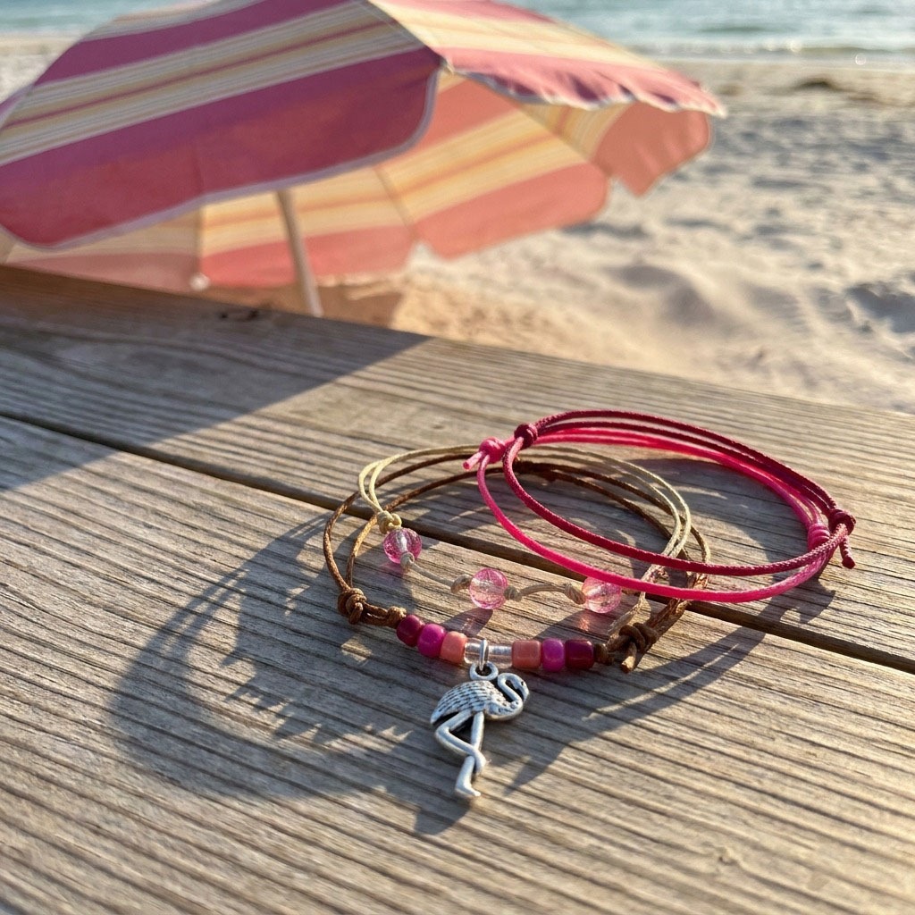 You can keep a little beach vacation color close with the Flamingo Bracelet Style Pack and its four adjustable bracelets