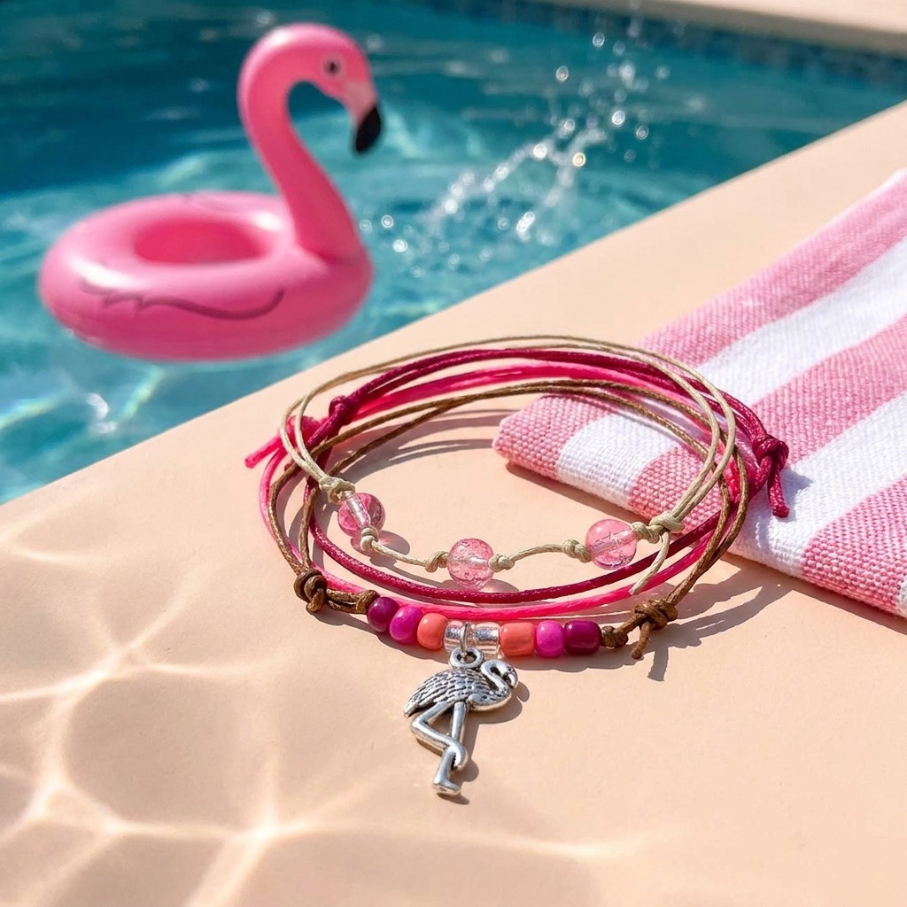 You can bring flamingo pink to your tropical resort days with this four-piece adjustable bracelet stack